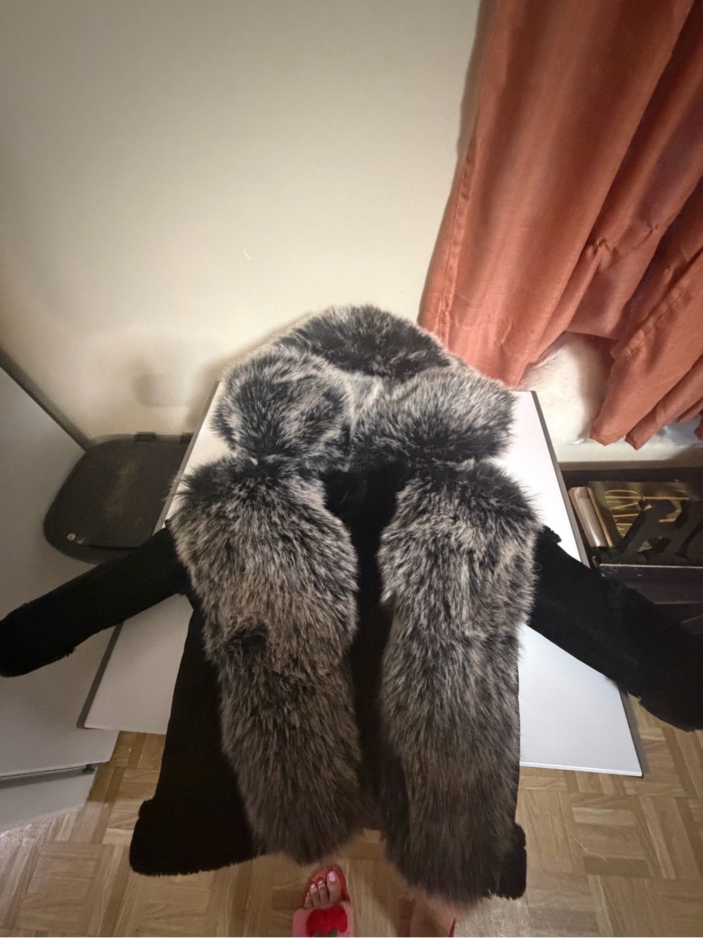 Jordan Craig Black Pea Coat with Gray Faux Fur Collar